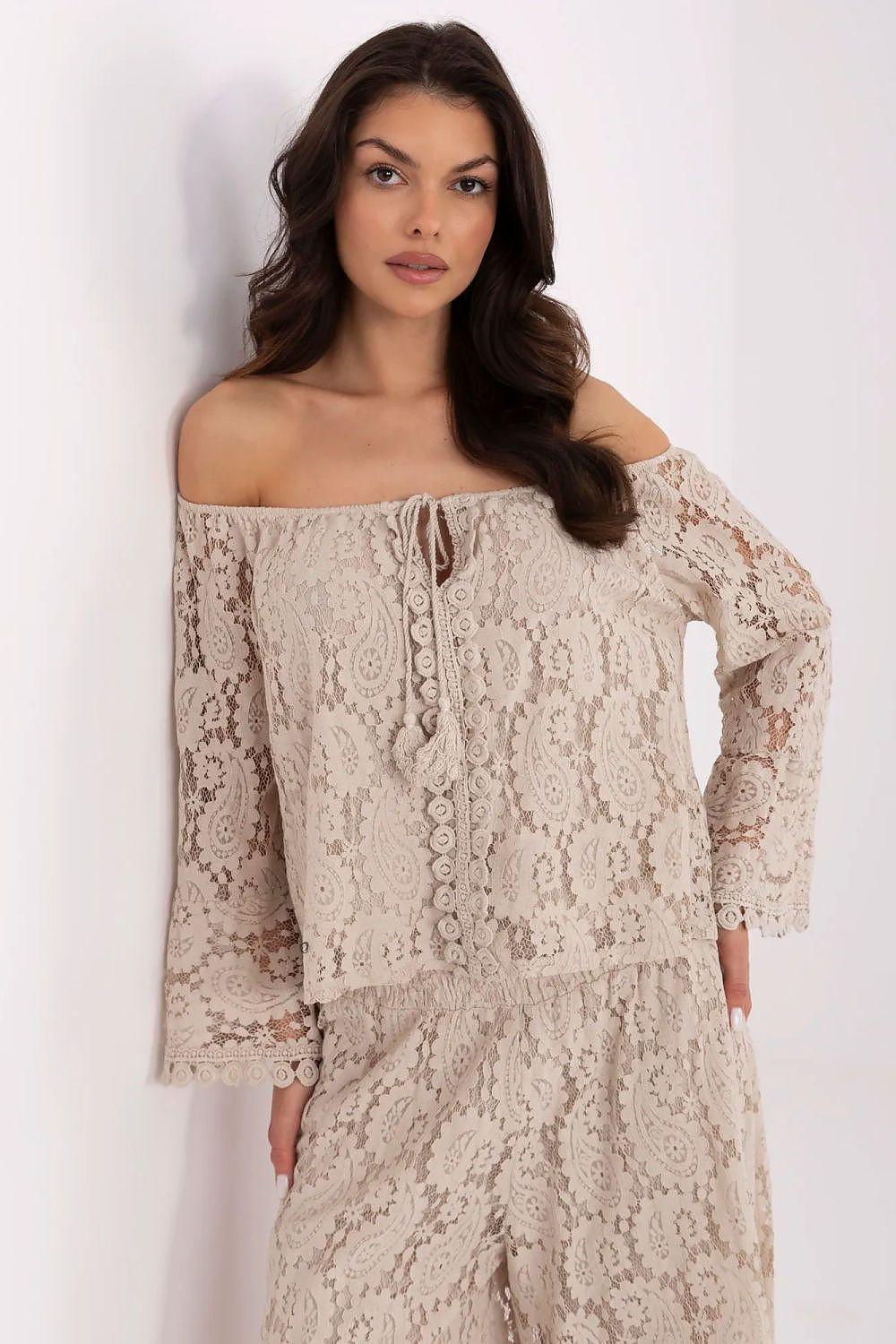 Beige off-shoulder lace blouse with long sleeves and tiered ruffle hem