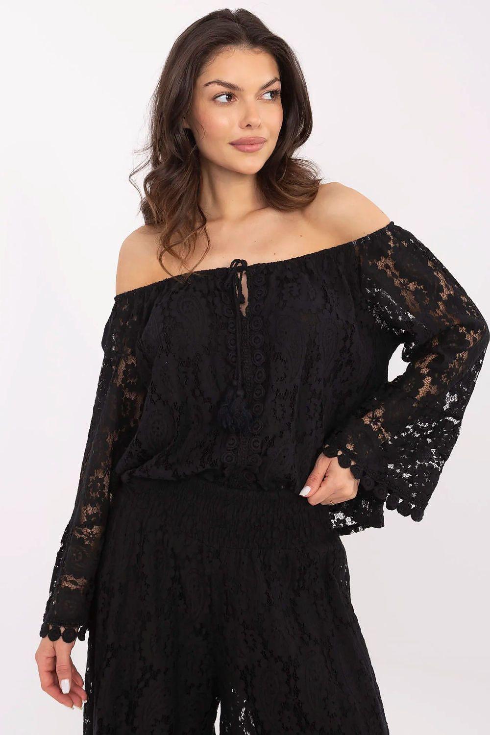 Black lace off-shoulder blouse with long sleeves and fitted silhouette