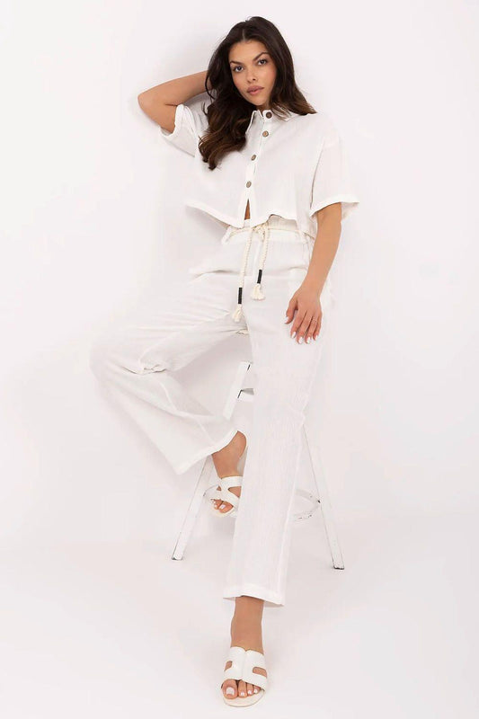 Light beige two-piece set: button blouse and wide-leg pants with tie waist