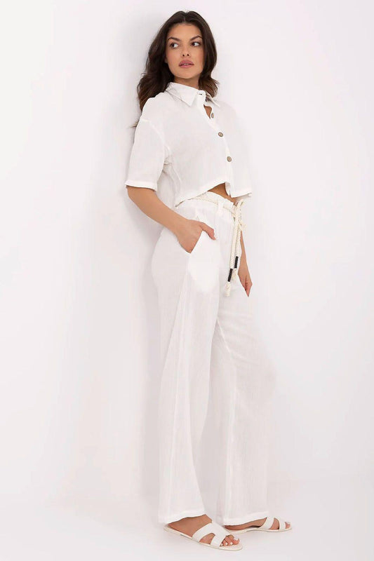 Light beige two-piece set: cropped button blouse and high-rise wide-leg pants
