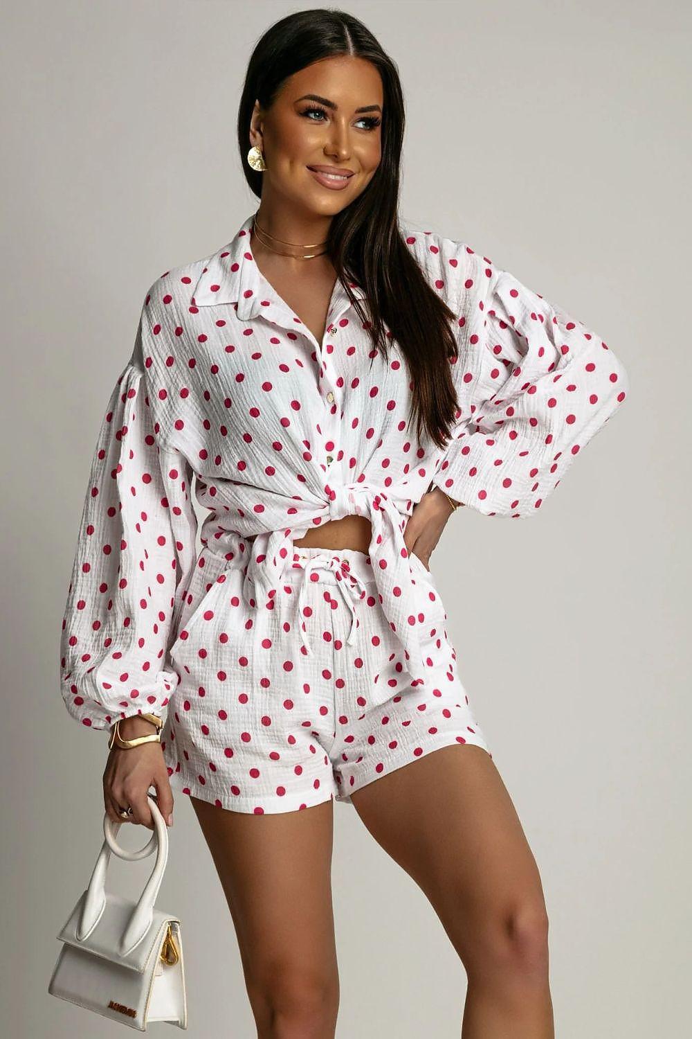 LaBalancia button-up shirt and shorts set, white with red dot pattern, tied waist