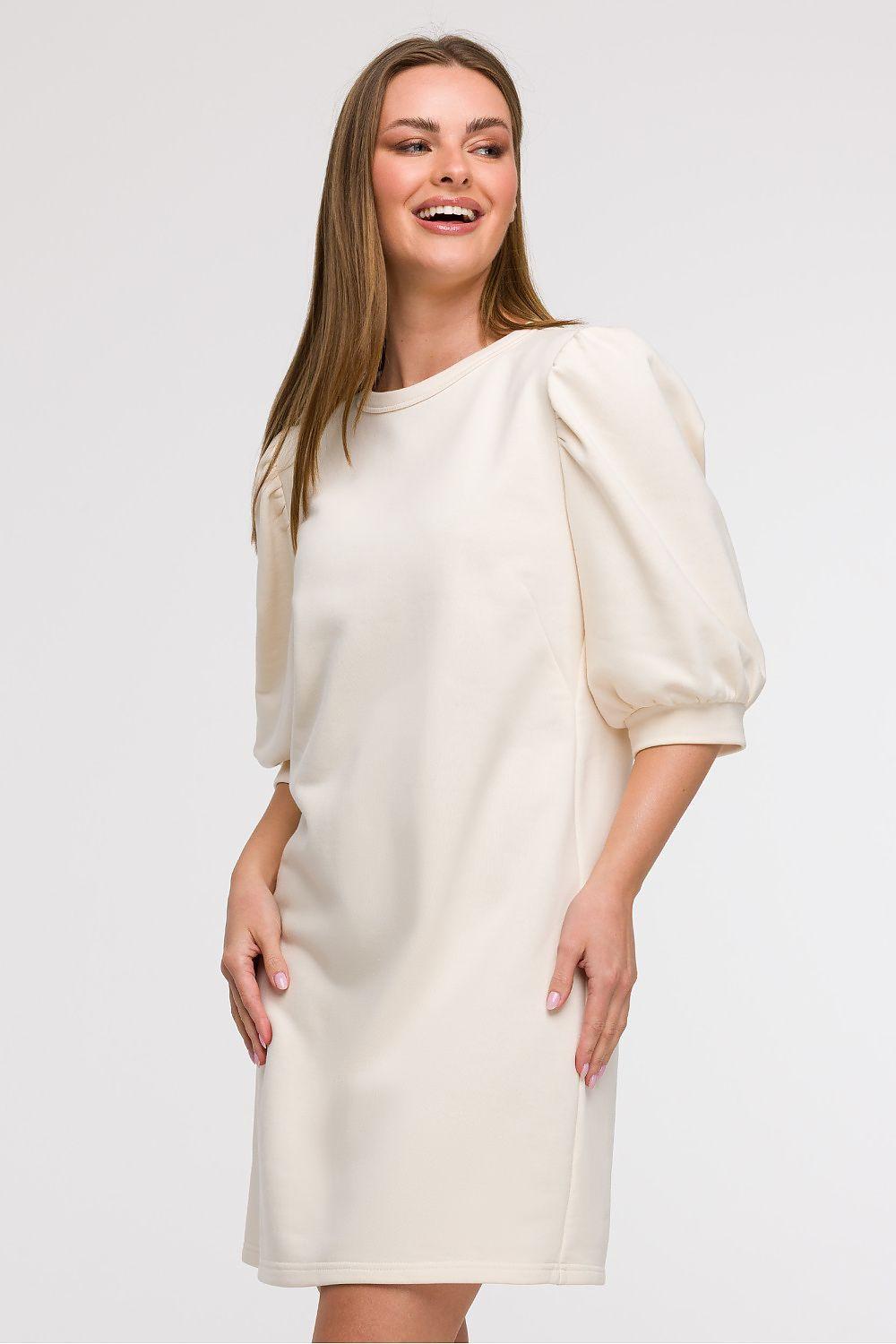 Women's beige puff-sleeve A-line daydress, above-knee length