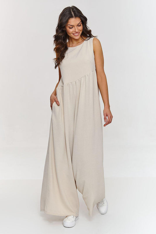 Beige sleeveless maxi dress with gathered waist and side pockets