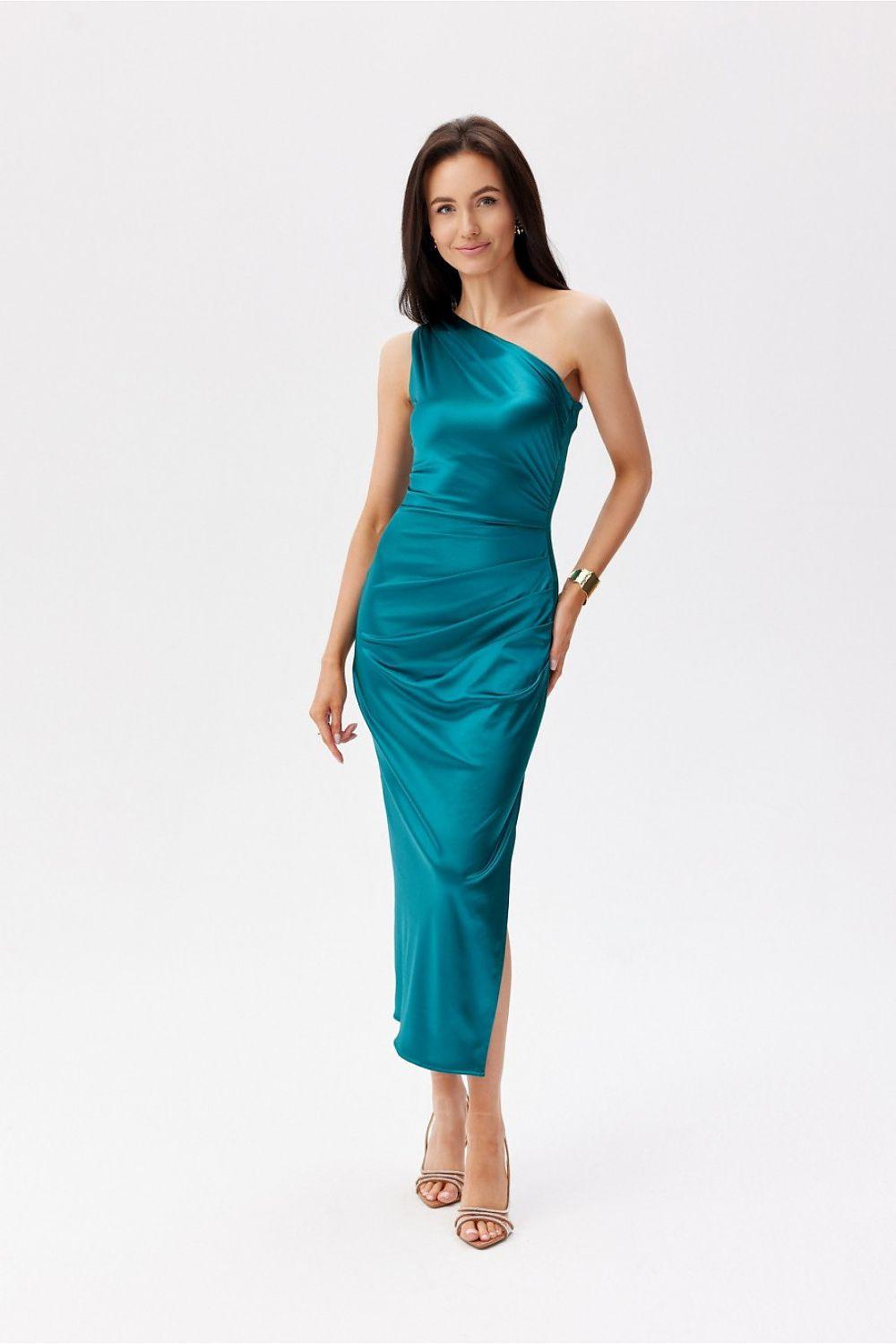 Teal one-shoulder fitted midi dress with draped detail and front-right side slit