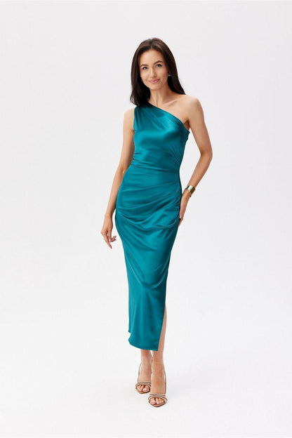 Teal one-shoulder fitted midi dress with draped detail and front-right side slit