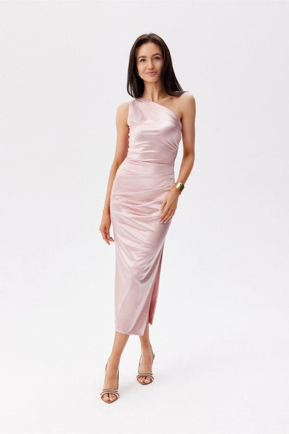 Pink one-shoulder fitted midi dress with draped bodice and front side slit