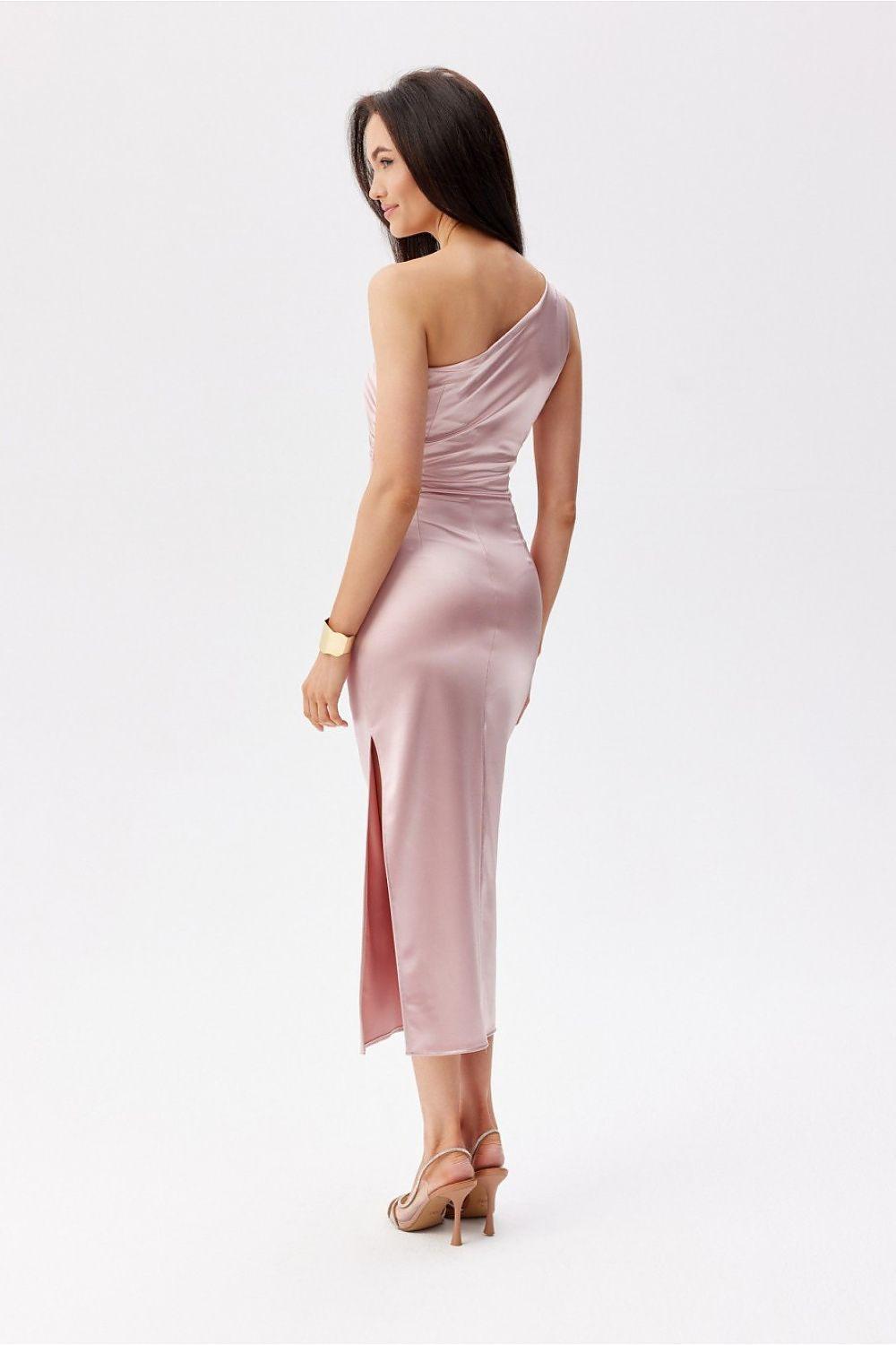 Pink one-shoulder fitted midi dress with draped back and long center back slit