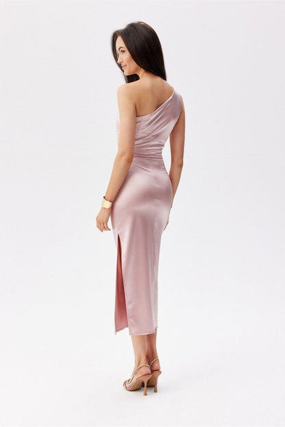 Pink one-shoulder fitted midi dress with draped back and long center back slit