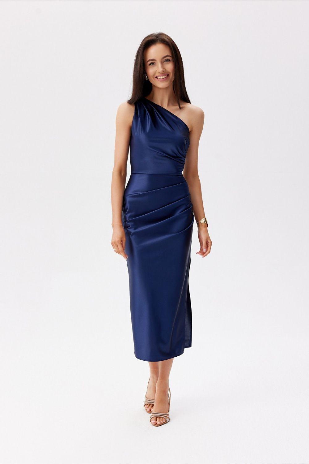 Navy one-shoulder fitted midi evening dress with draped bodice and side slit