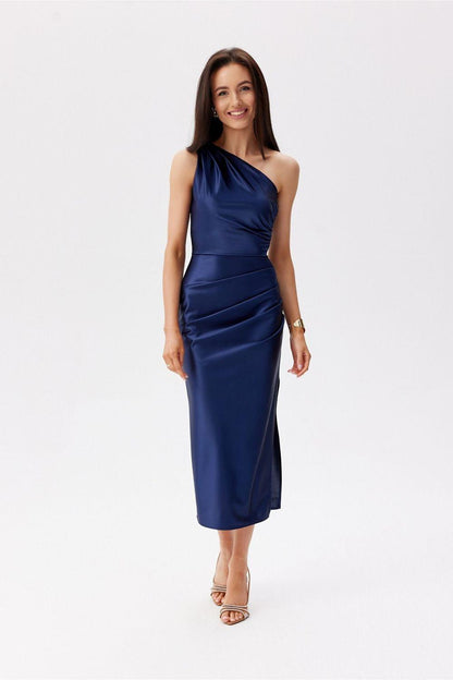 Navy one-shoulder fitted midi evening dress with draped bodice and side slit