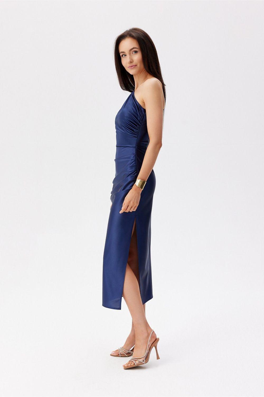 Dark navy one-shoulder fitted midi dress with ruched drape and front-right slit