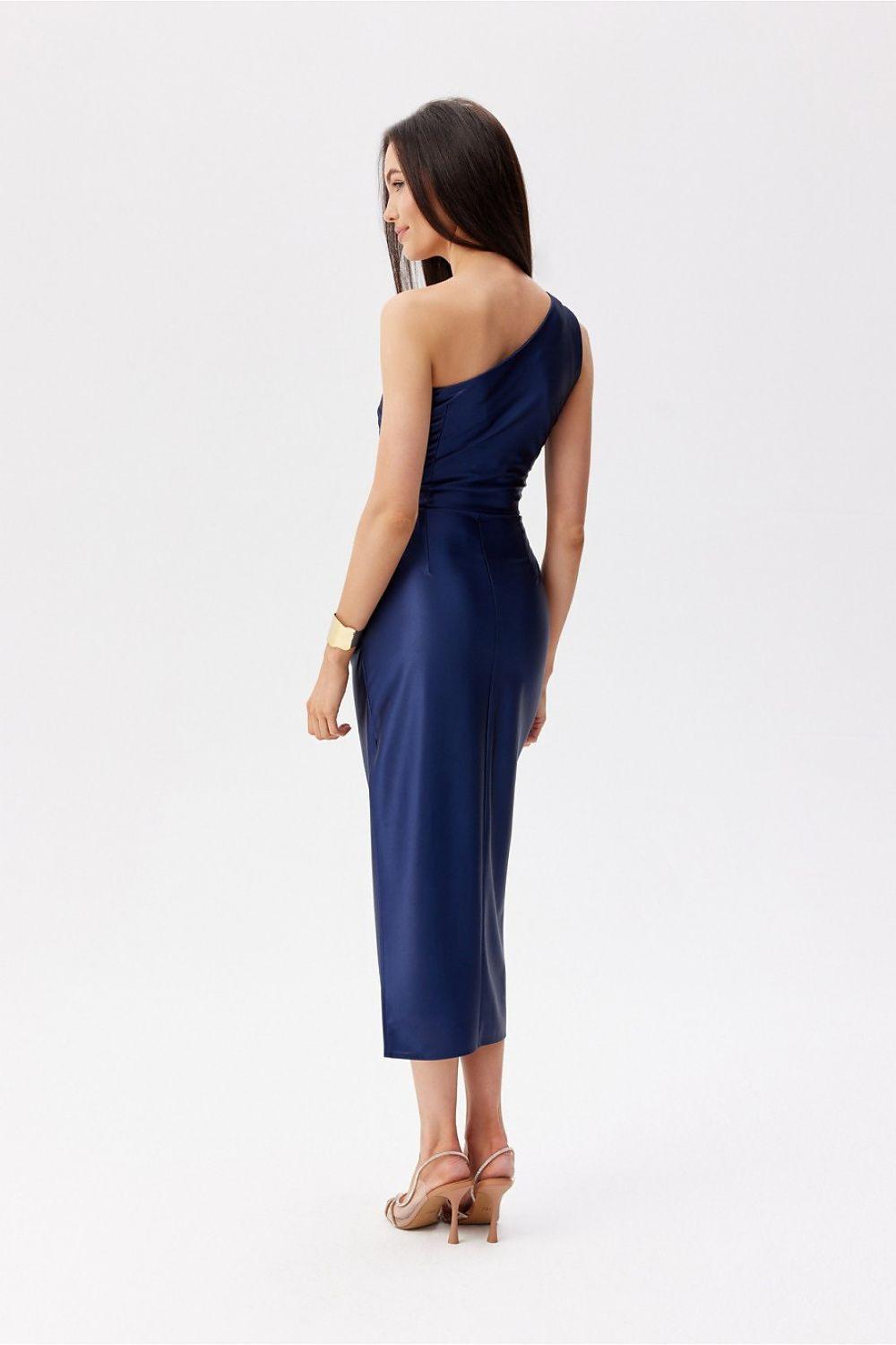 Navy one-shoulder fitted midi dress, back view with draped fabric and side slit