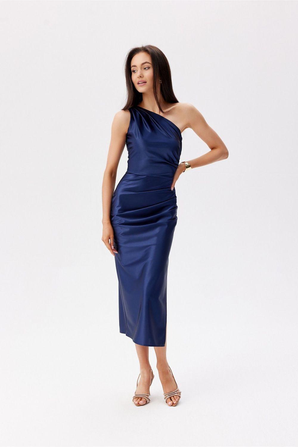 Blue one-shoulder ruched midi evening dress with side slit