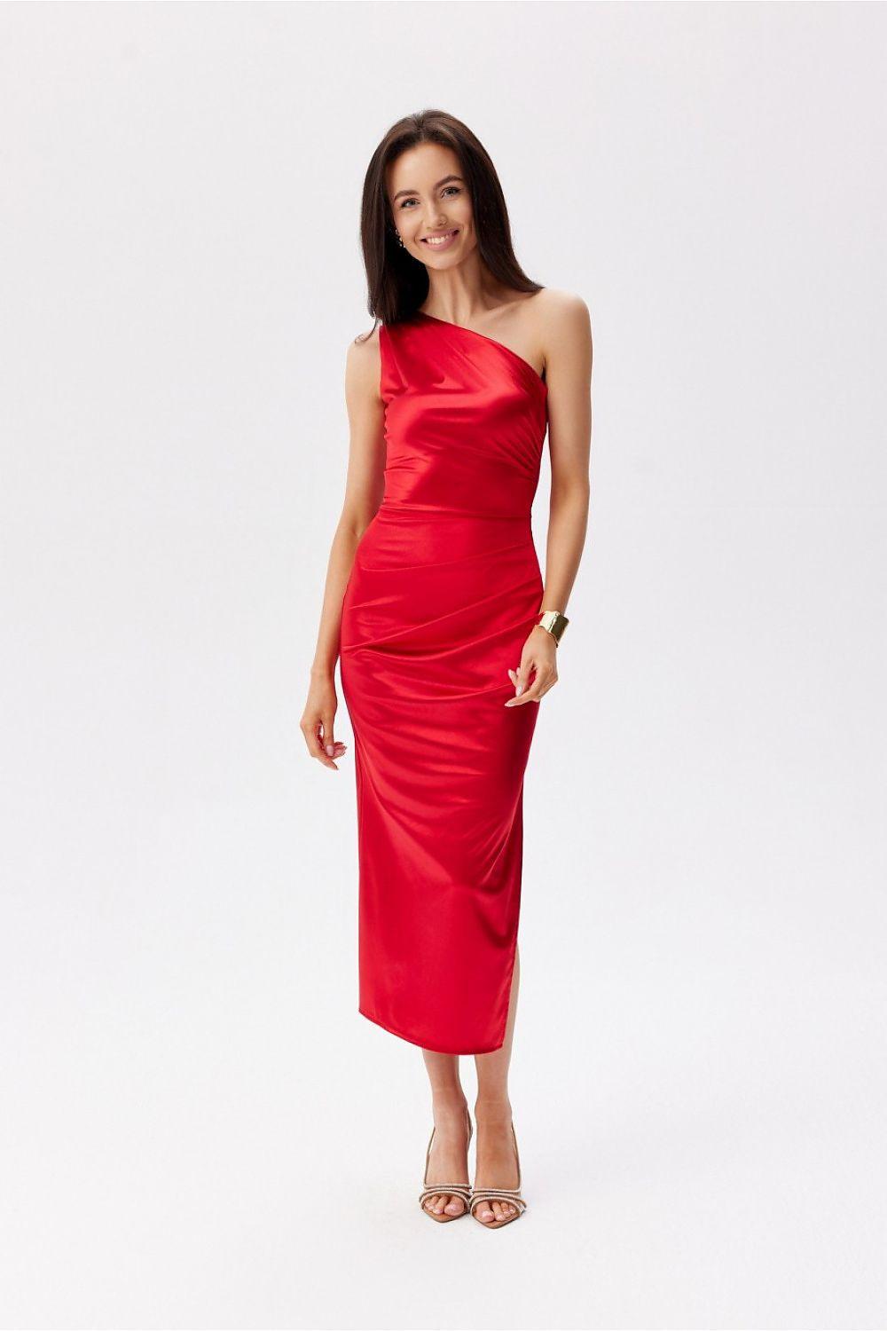 Red one-shoulder ruched midi evening dress with fitted pencil silhouette