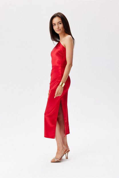 Red one-shoulder ruched midi evening dress with front slit