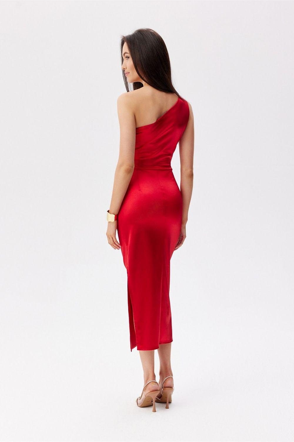 Red one-shoulder ruched midi evening dress with open-back style