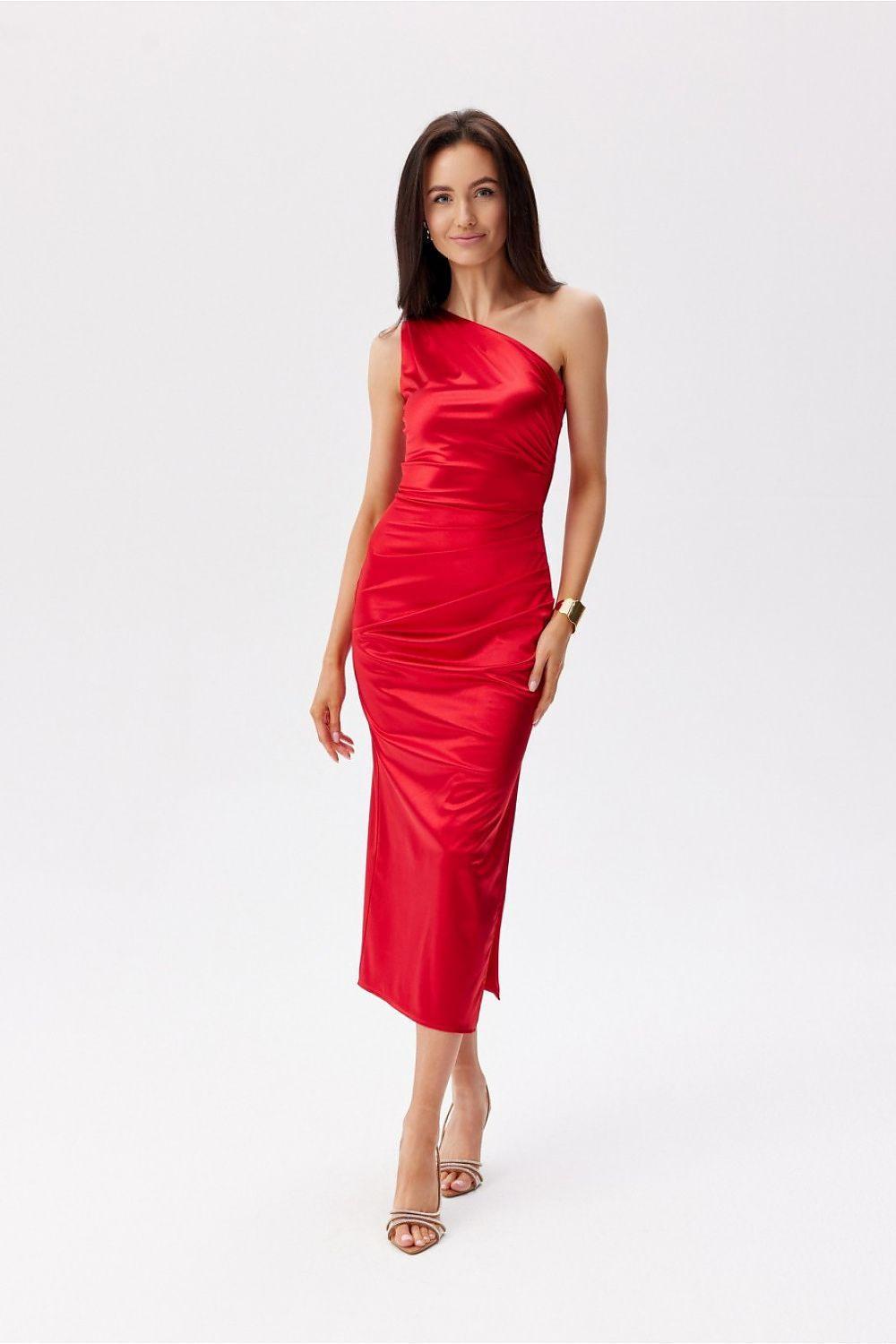 Red one-shoulder ruched midi evening dress with draped bodice