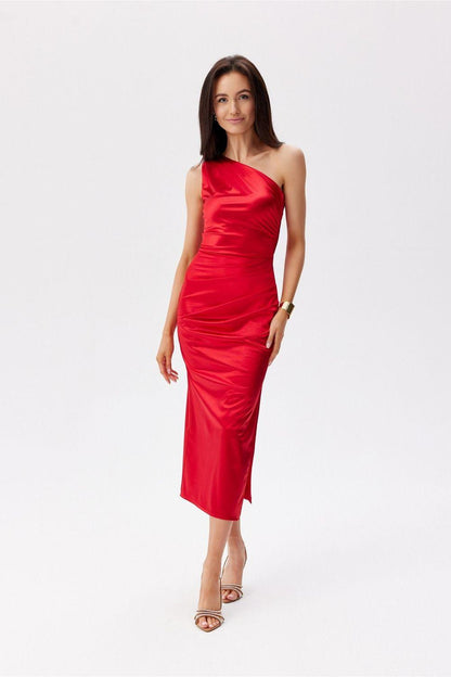 Red one-shoulder ruched midi evening dress with draped bodice
