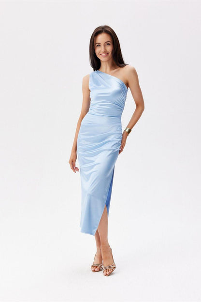 Light blue one-shoulder ruched midi evening dress with fitted waist