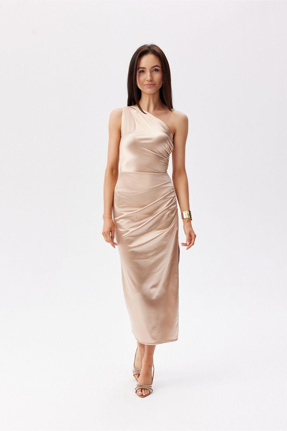 Beige one-shoulder ruched midi evening dress with draped neckline