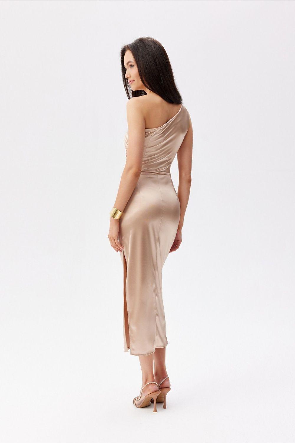 Ruched satin one-shoulder midi dress in taupe with side slit