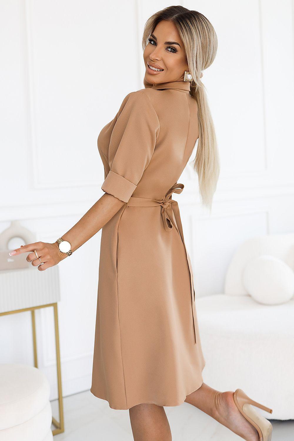 Taupe daydress with waist tie belt, three-quarter sleeves, button front detail