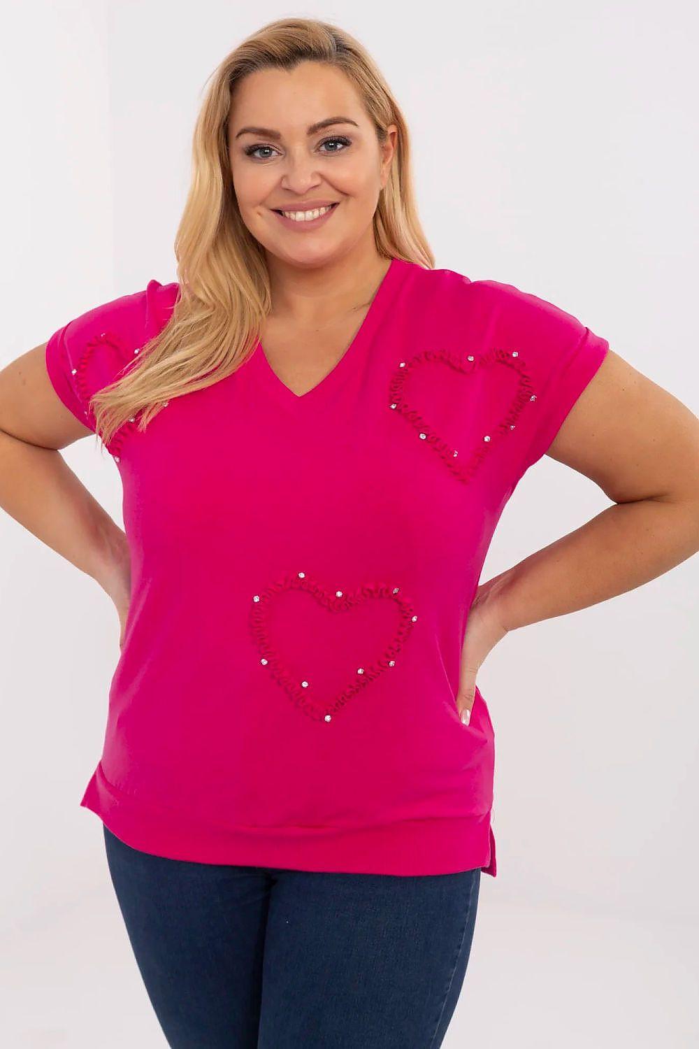 Pink plus size blouse with heart rhinestone detail at chest, V-neck short sleeves