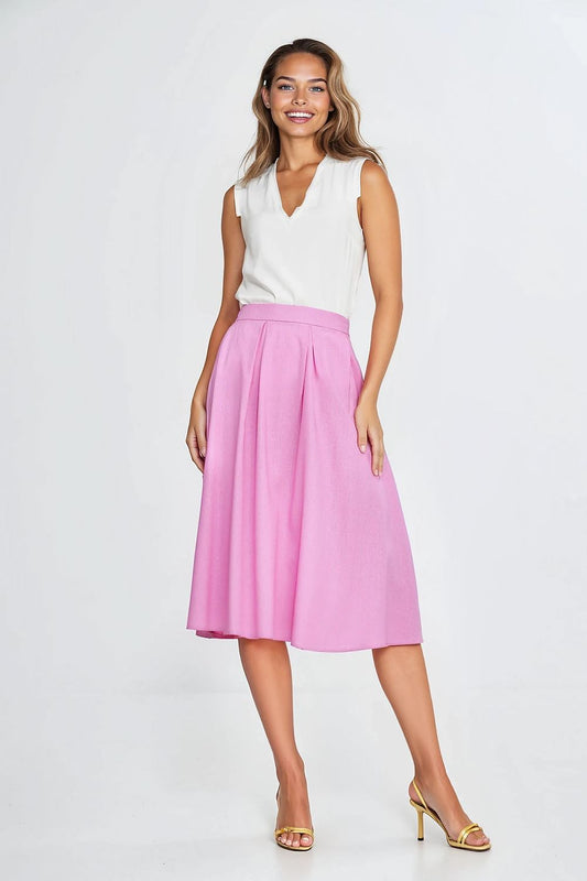Pink pleated midi skirt with linen texture