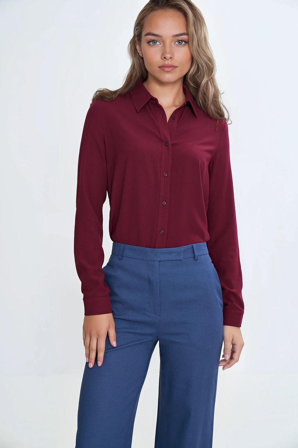 Women's long sleeve button-up shirt, burgundy