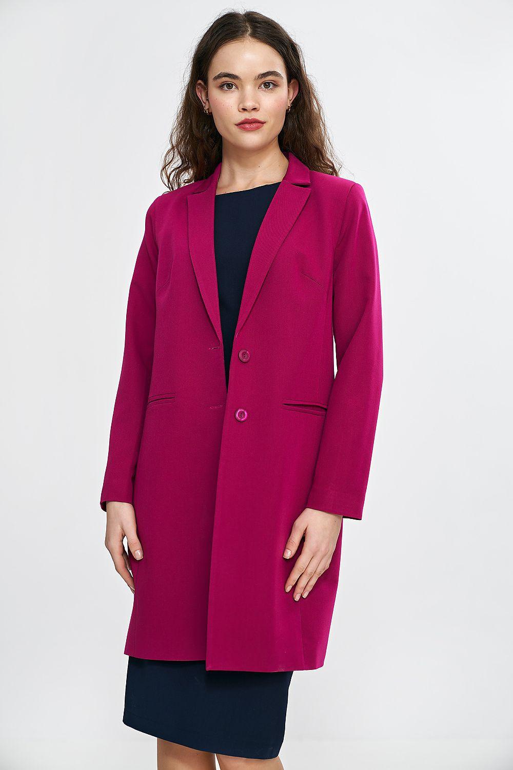 Violet knee-length blazer jacket with notched lapels, button front, and chest pockets