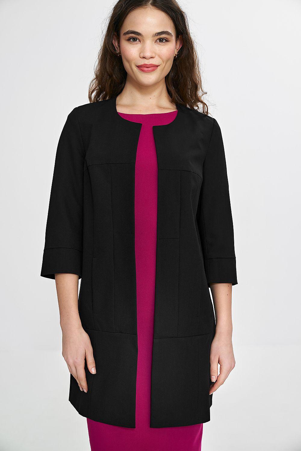 Black women's mid-thigh blazer jacket with 3/4 sleeves, open front, pink lining.