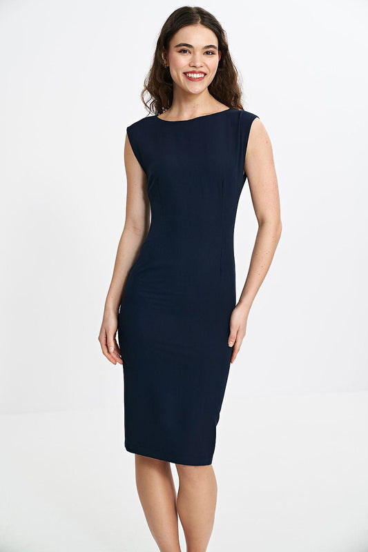 Navy sleeveless sheath daydress with straight neckline and knee-length hem