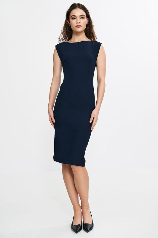 Navy sleeveless sheath daydress with high neck and fitted knee-length silhouette
