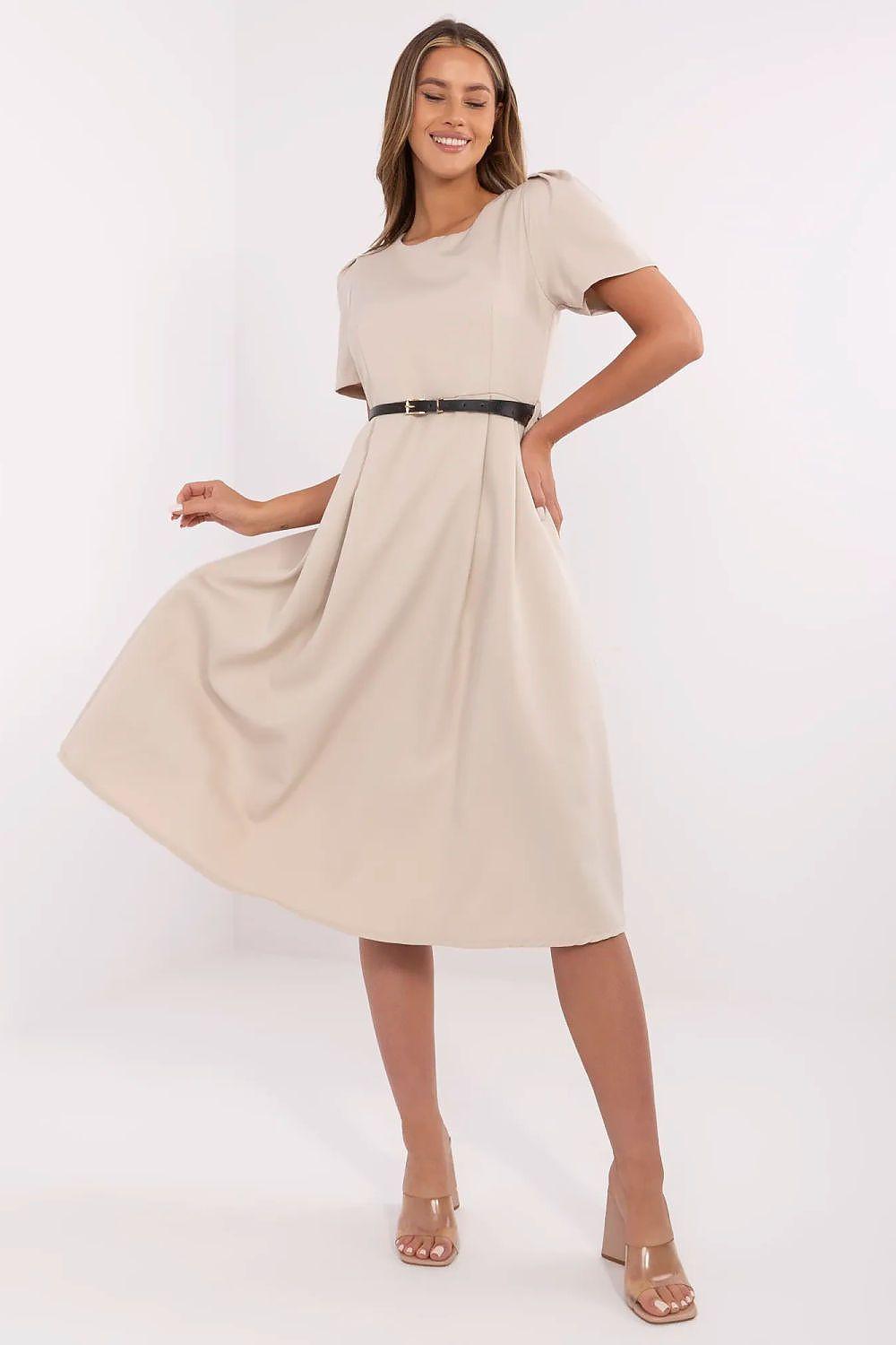 Beige short-sleeve daydress with waist belt, knee-length circle skirt