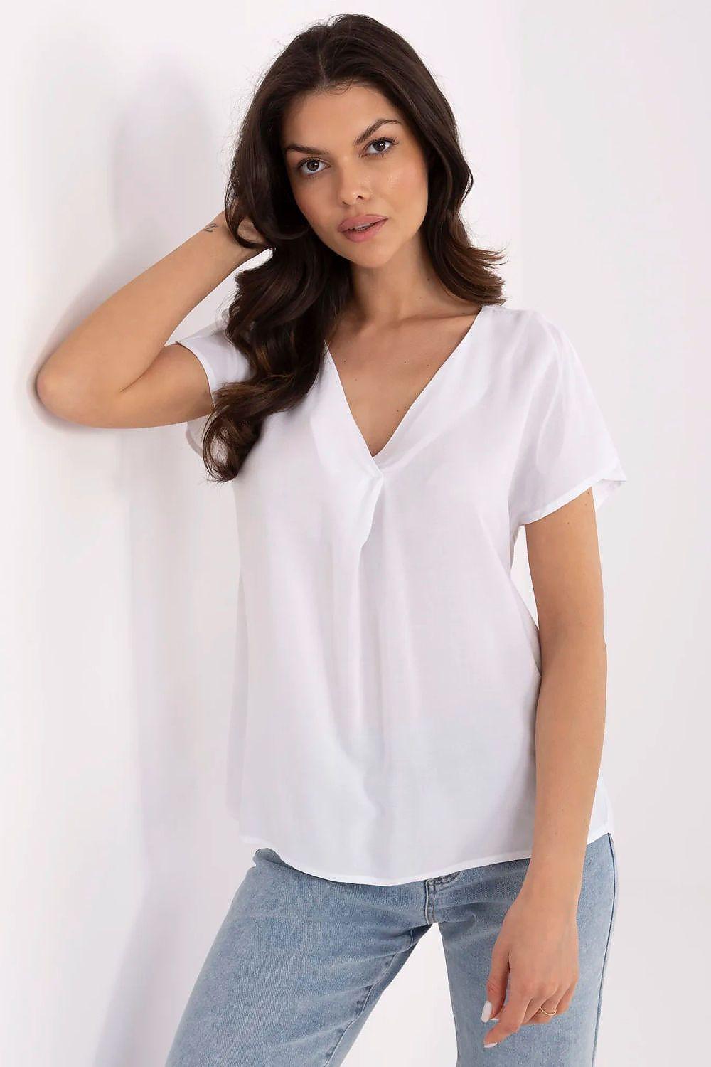 White V-neck short-sleeve blouse with gathered front and clean drape