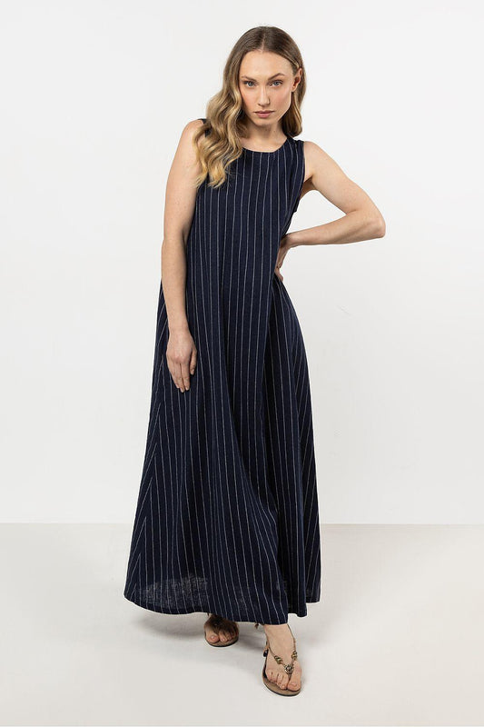 Navy blue striped sleeveless daydress with round neckline and gathered skirt