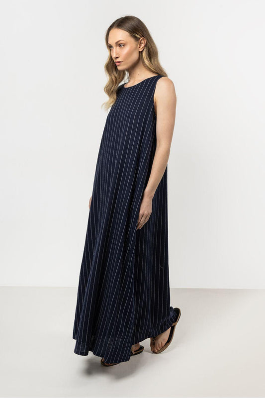 Navy blue striped sleeveless daydress, A-line skirt and round neckline