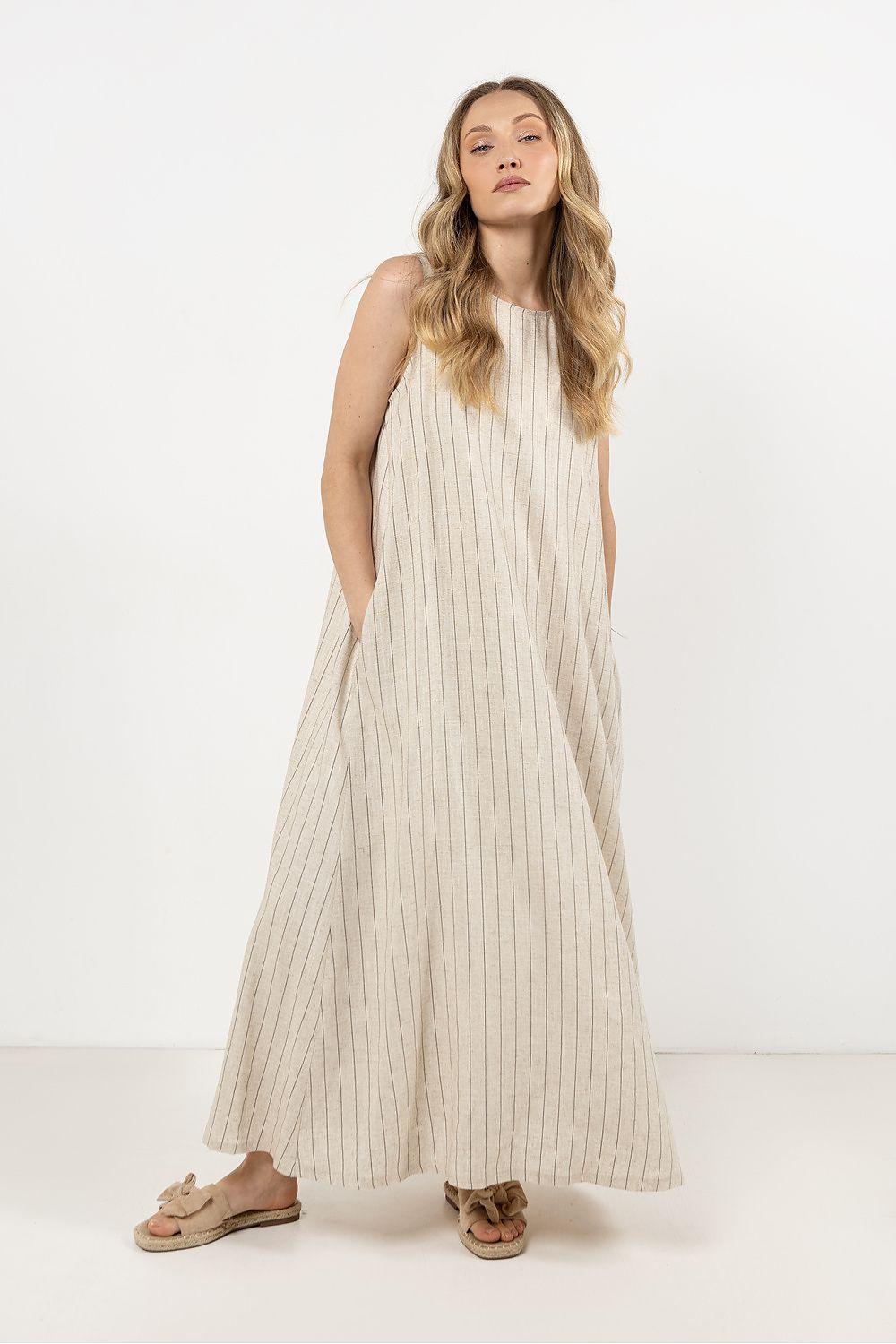 Awama sleeveless daydress in light beige with vertical pinstripes, front view
