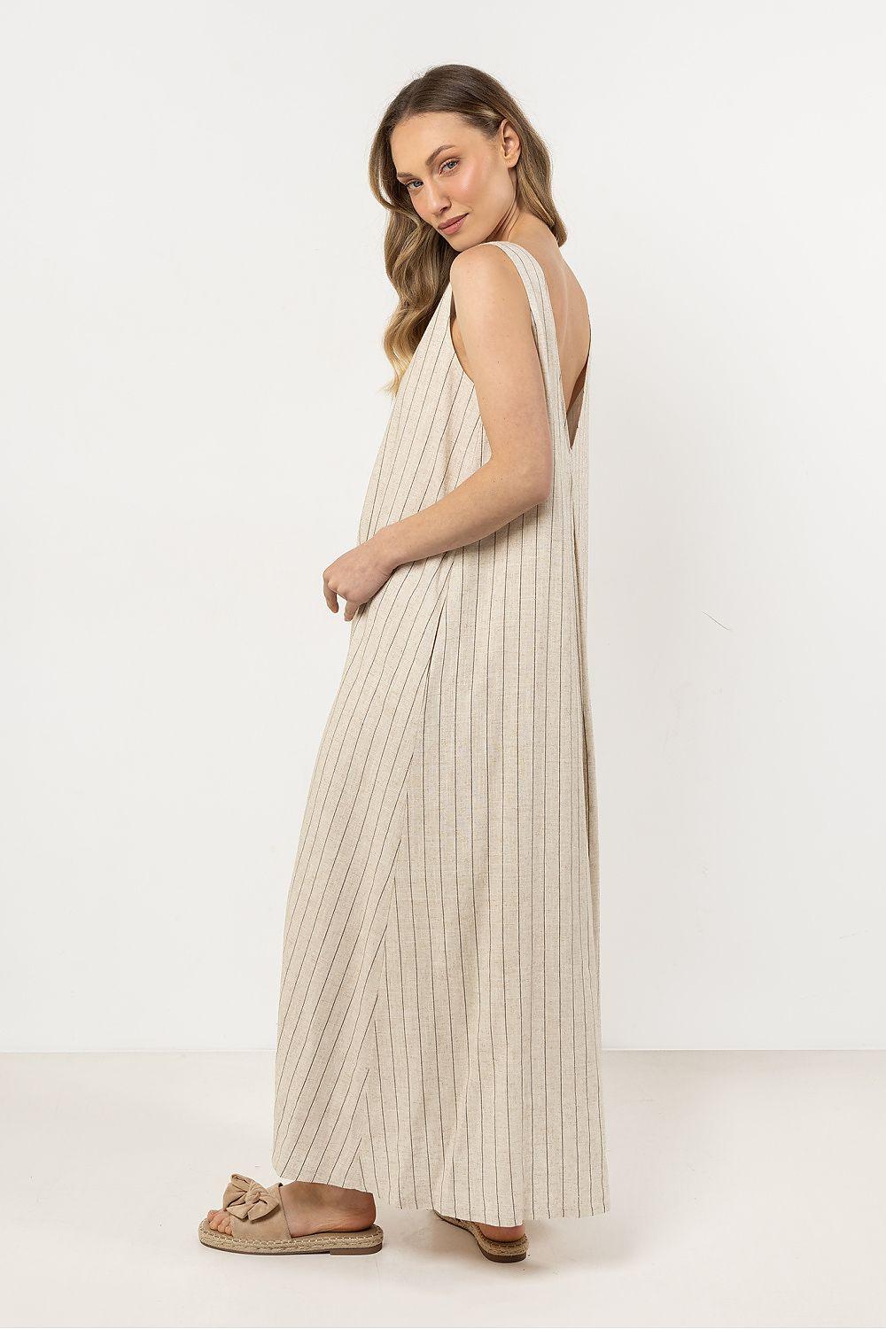 Awama sleeveless daydress in light beige with vertical pinstripes, side view