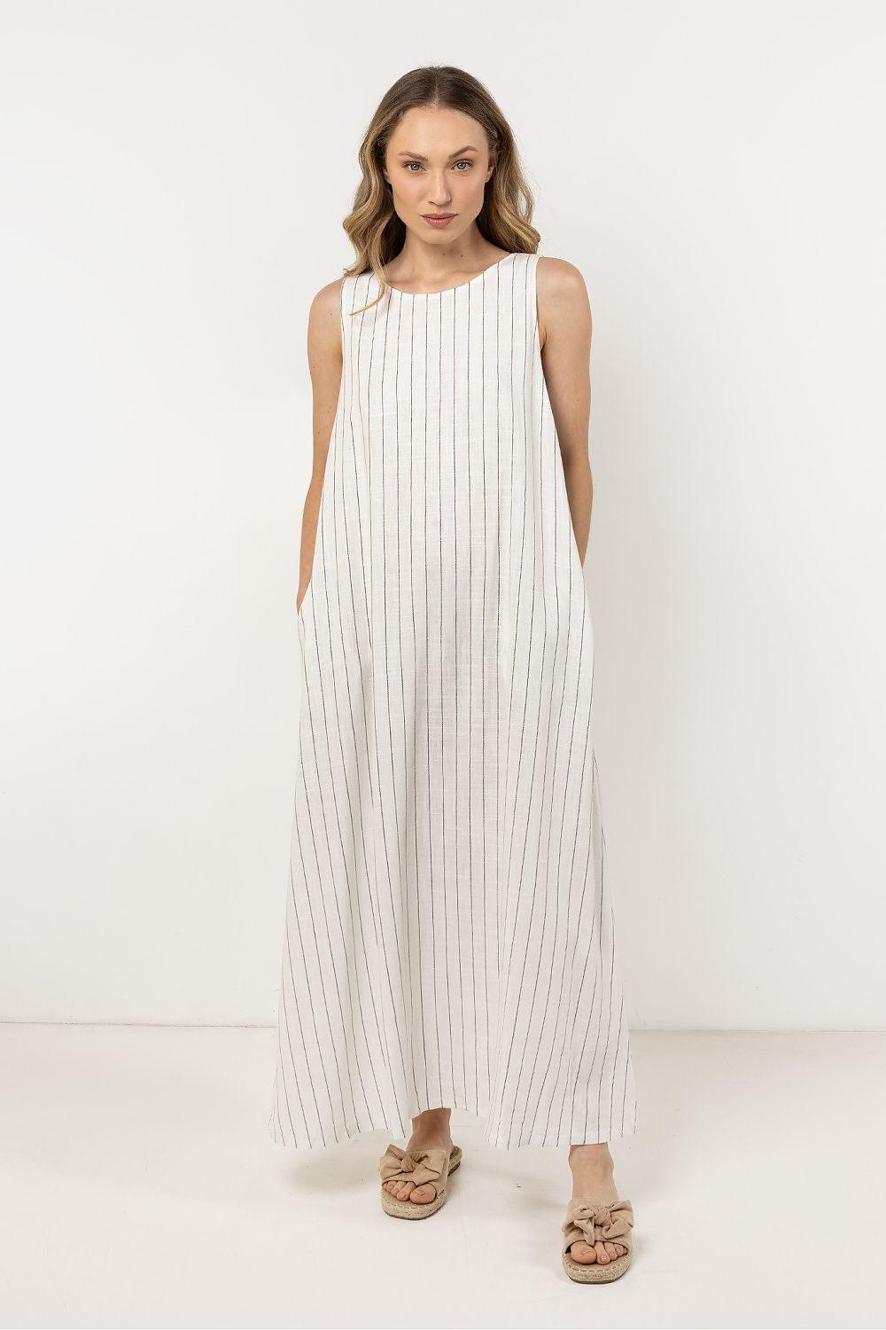 Awama sleeveless daydress in light beige with vertical pinstripes, standing front view