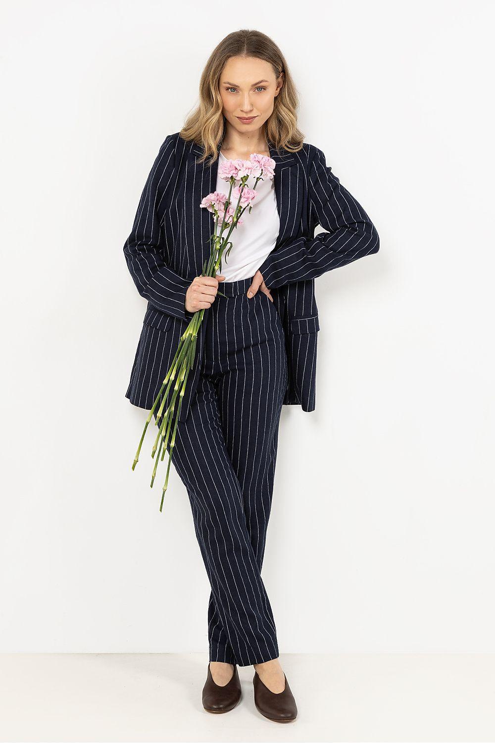 Navy striped linen cigarette trousers with button front and ankle length
