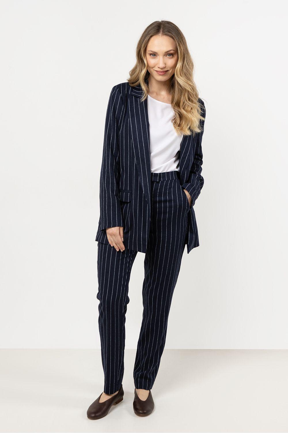 Women’s navy pinstripe trousers, tailored tapered cut with side pockets