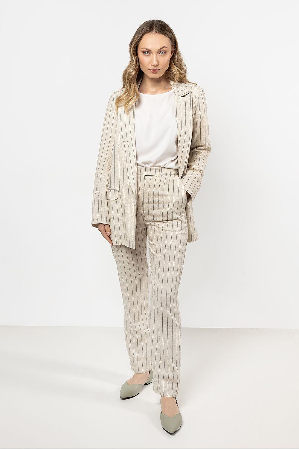Women’s beige pinstripe trousers with tapered legs and ankle-length hem