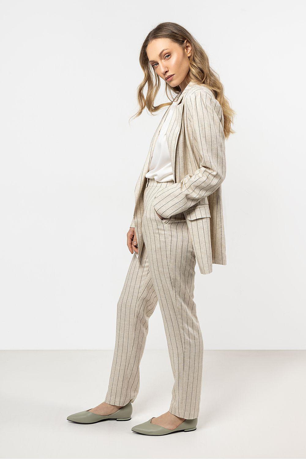 Women’s beige pinstripe trousers, slim tapered fit with side pockets