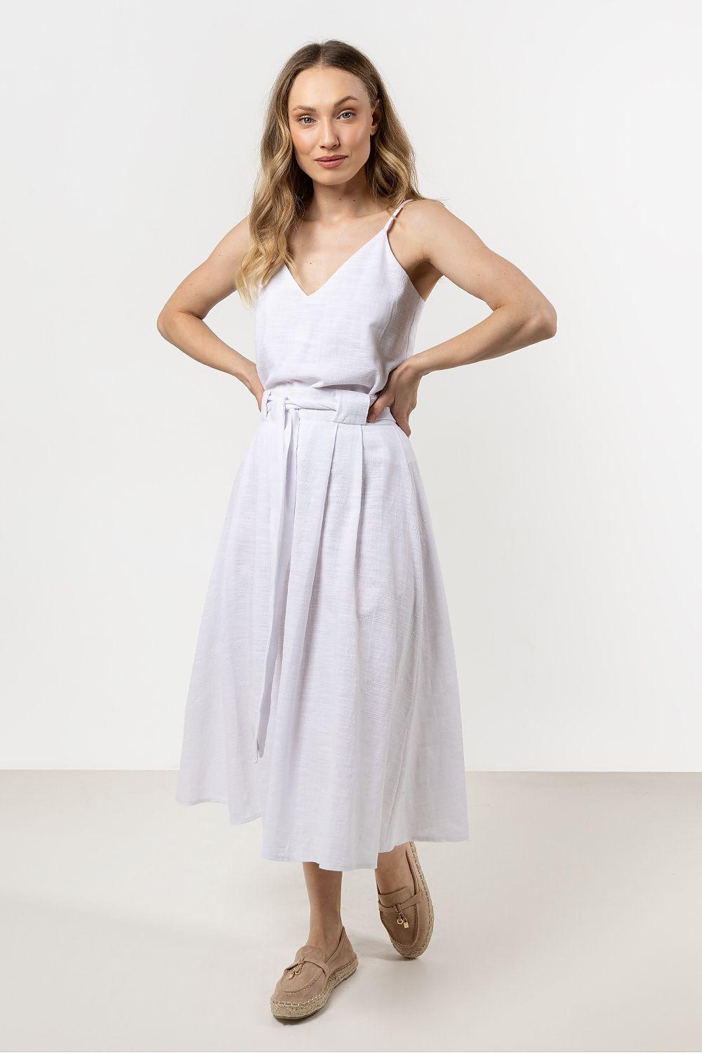 awama cotton flared skirt in white with pleated waist and midi length