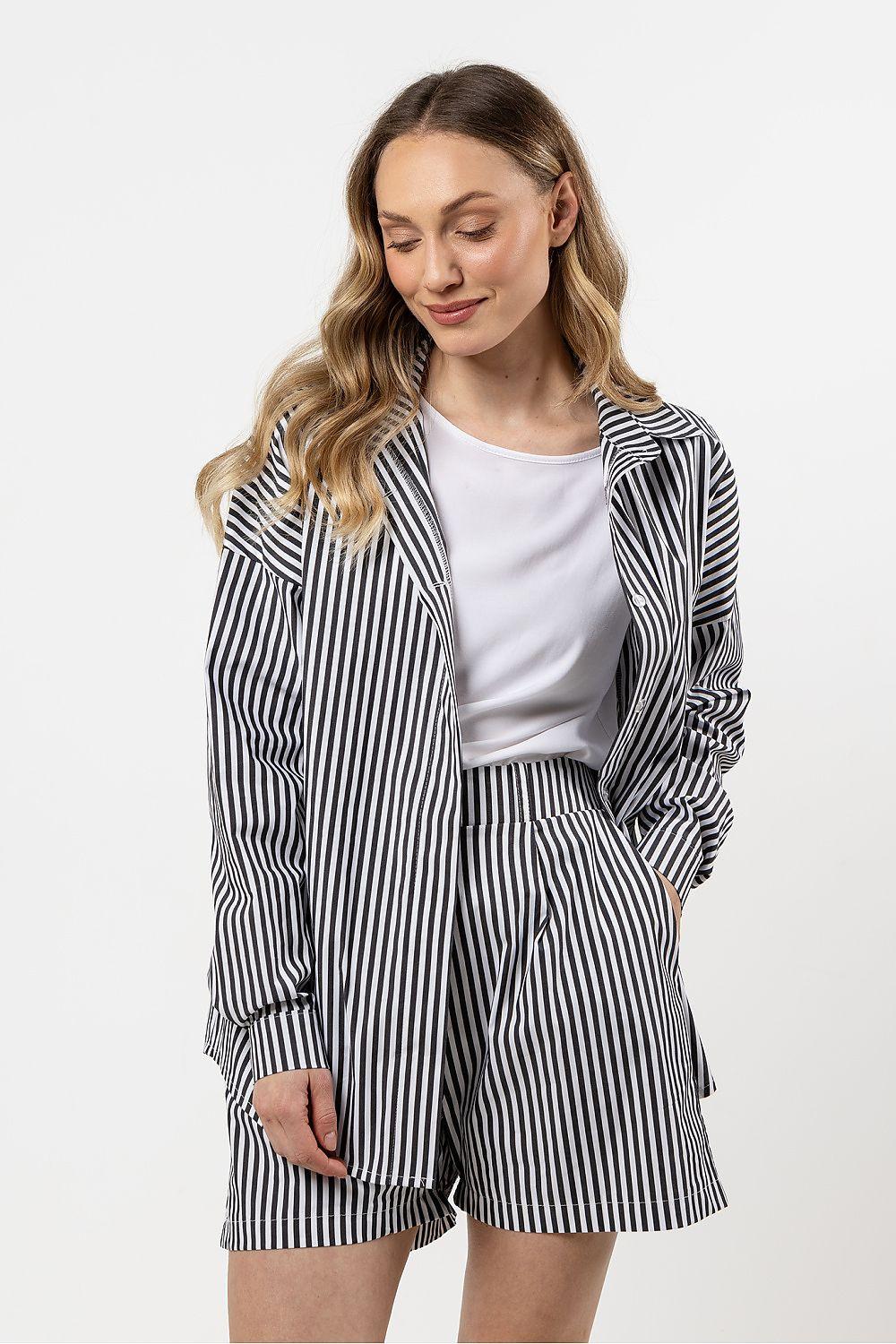 Black-and-white striped long sleeve shirt with collar and button front