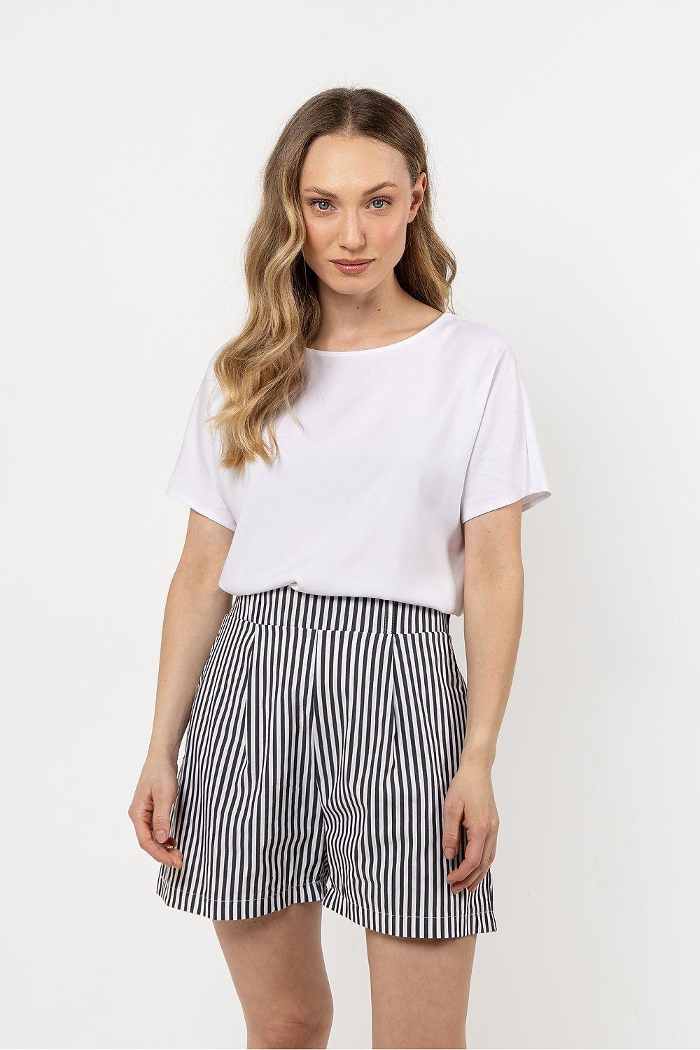 Black and white striped shorts with elastic waist