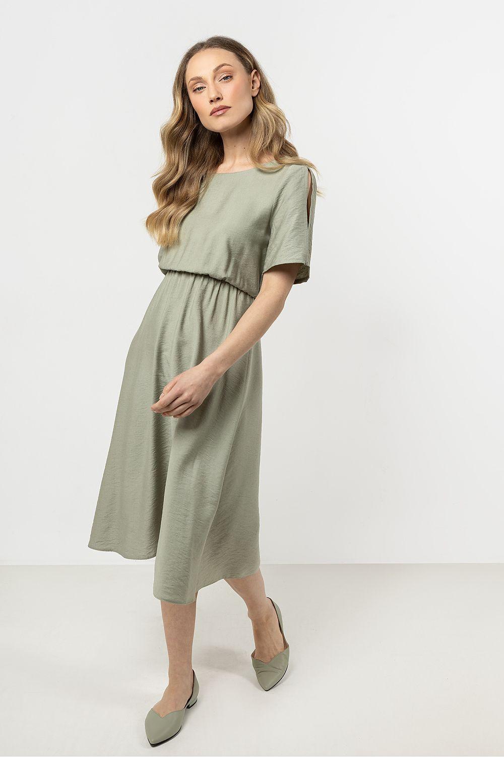 Green short-sleeve daydress with gathered waist and knee-length A-line skirt
