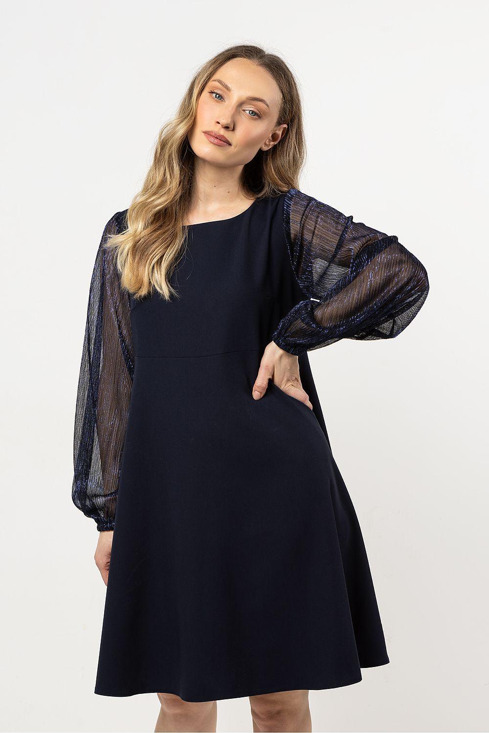 Navy evening dress with sheer tulle puff sleeves, round neckline, above-knee A-line