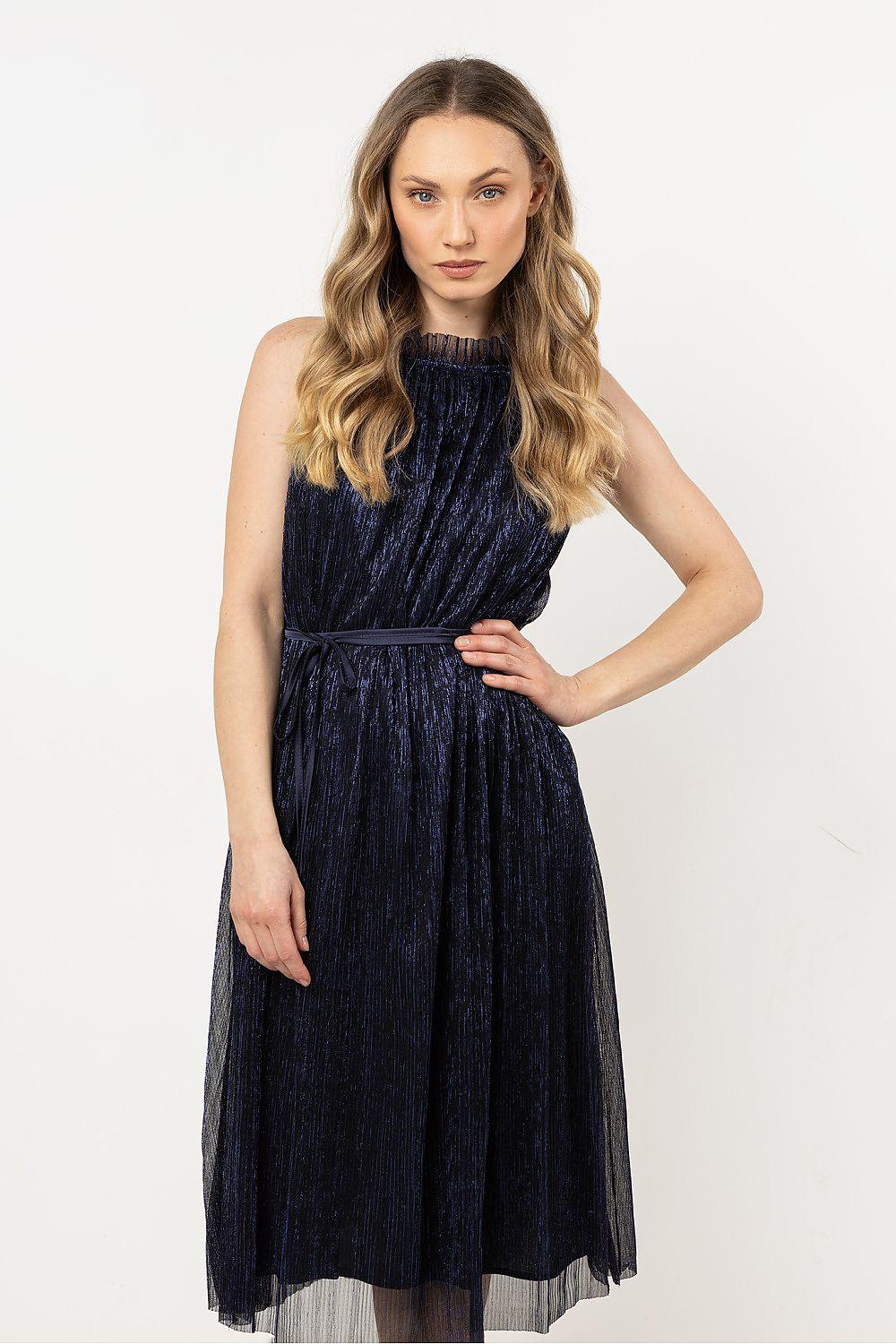 Evening dress, navy sleeveless high neck with fitted waist and sheer tulle hem